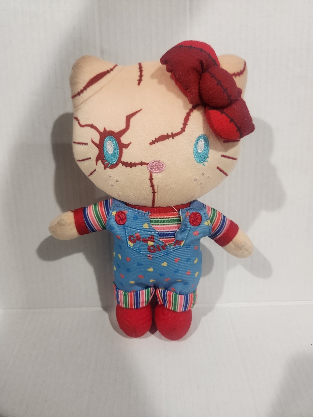 Plush Cat Doll in Cream and Red with Blue Overalls - Brand